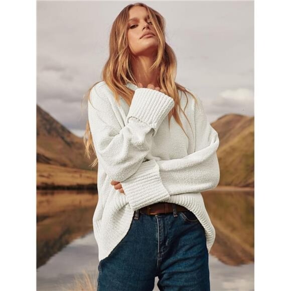 Women's Oversized Crewneck Fuzzy Knit Casual Chunky Warm Pullover Sweaters - Picture 4 of 6